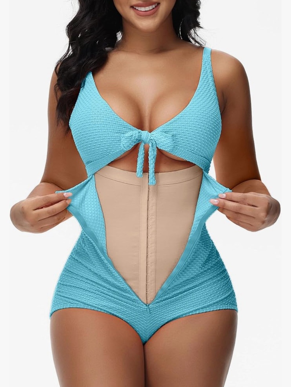 Light Blue Textured One-Piece Swimwear with Front Tie